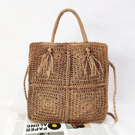 Bohemian chic crochet handwoven straw shoulder bag